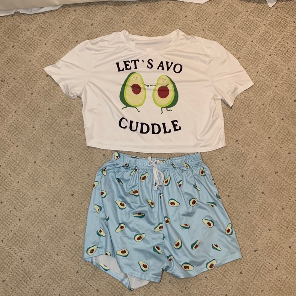 Shein “Let’s Avo-Cuddle” pajama set CROP SHIRT/SHORTS
